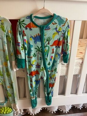 Little Sleepies Dino Print Footed Pajamas with Teal Trim